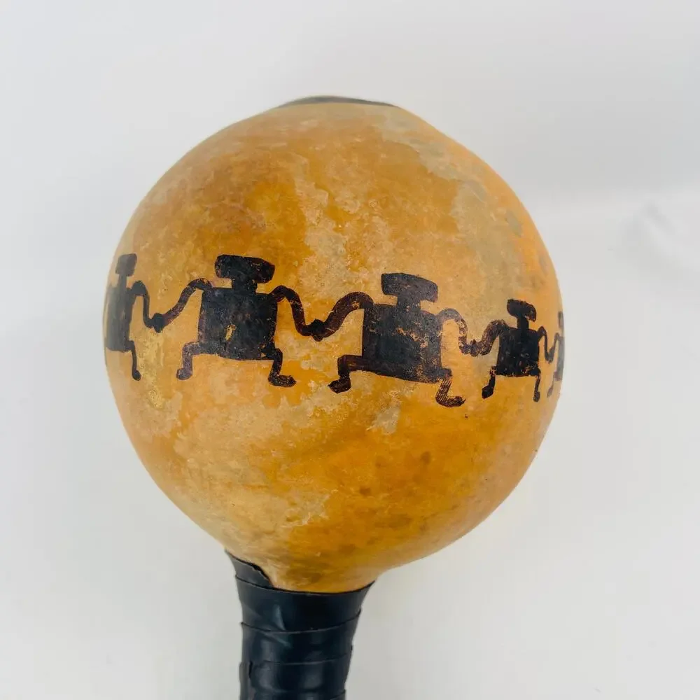 Native American Folk Art Gourd Rattle Petroglyph-style Paint & Feathers